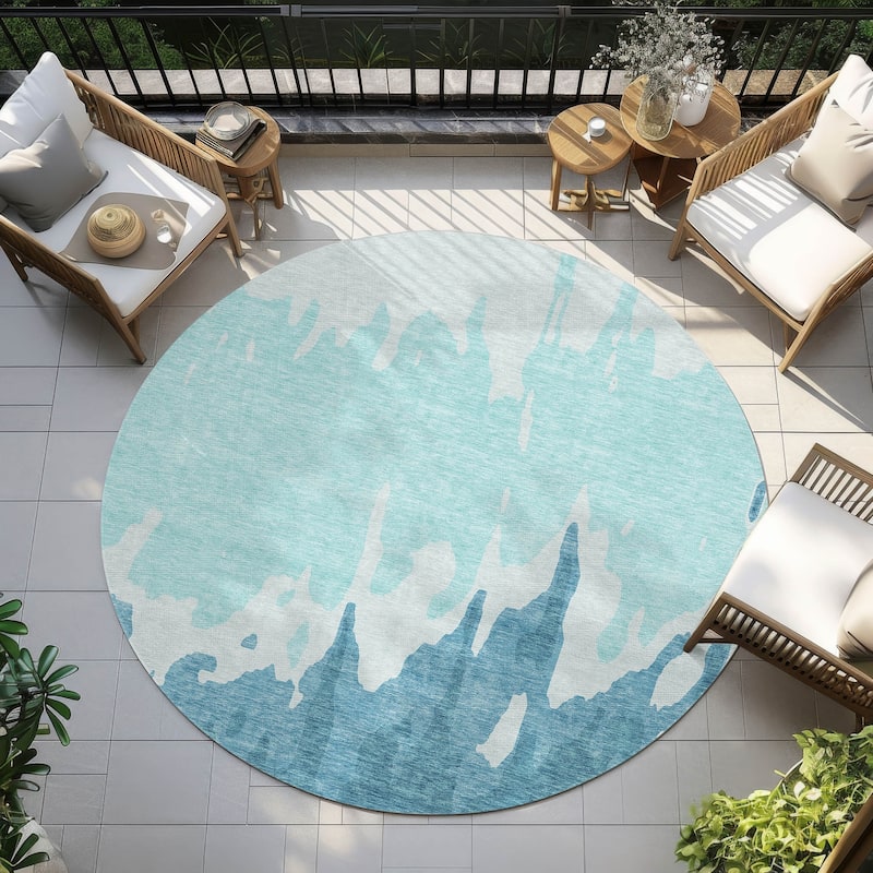 Machine Washable Indoor/ Outdoor Modern Abstract Chantille Rug - Teal - 8' x 8'