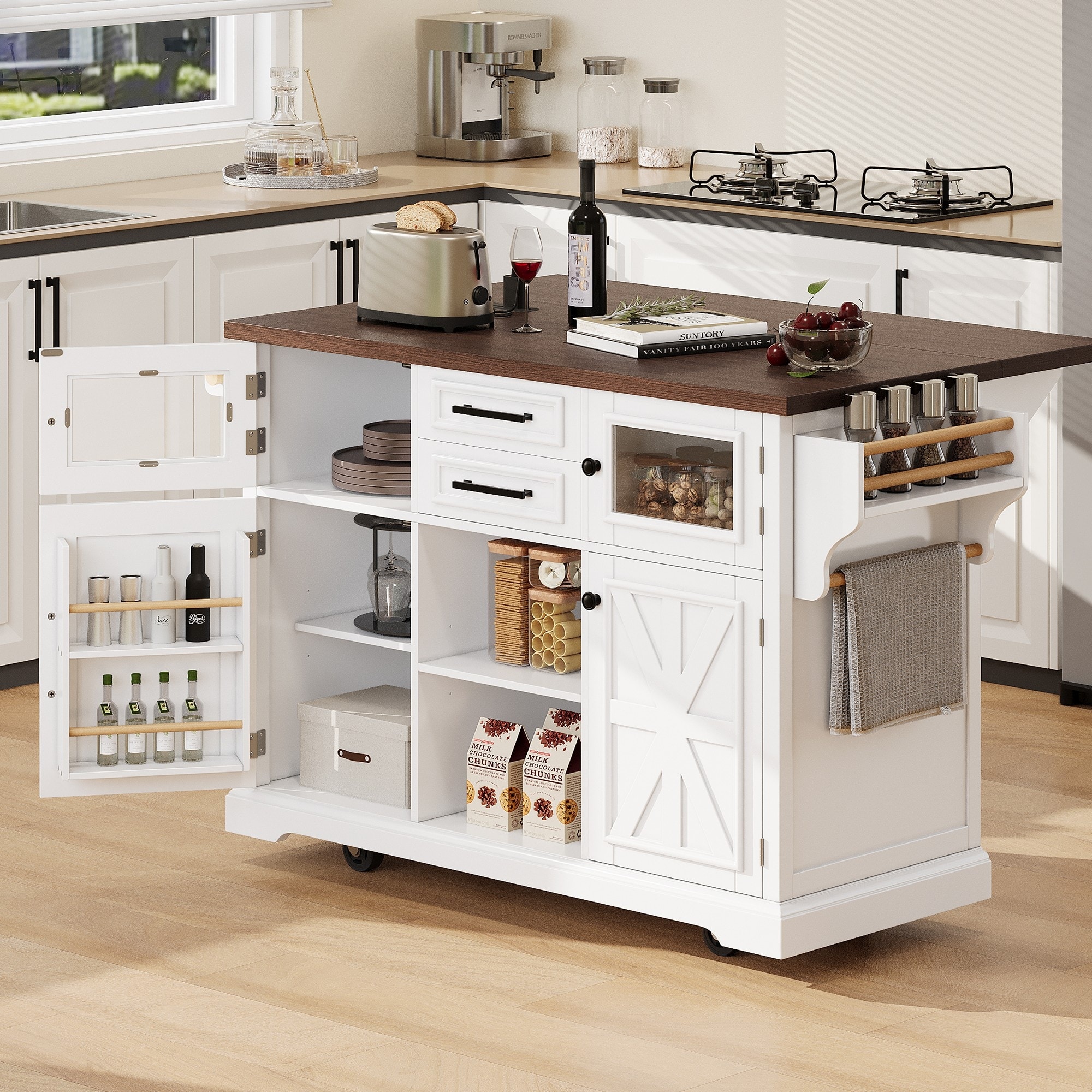 54.9" Kitchen Island with Drop Leaf, Power Outlet, 4 Door Shelves, & 4 Wheels