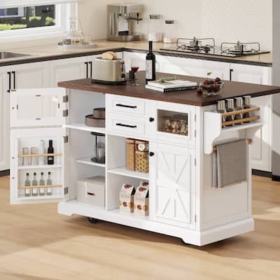 54.9" Kitchen Island with Drop Leaf, Power Outlet, Kitchen Storage Cart with 4 Door Shelves