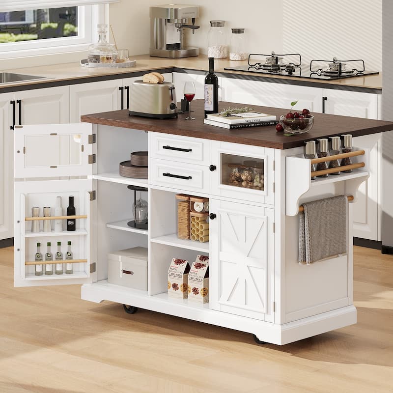 Kitchen Island with Drop Leaf, Kitchen Cabinet with Power Outlet, Kitchen Storage Cart with Double-Cross Barn Doors