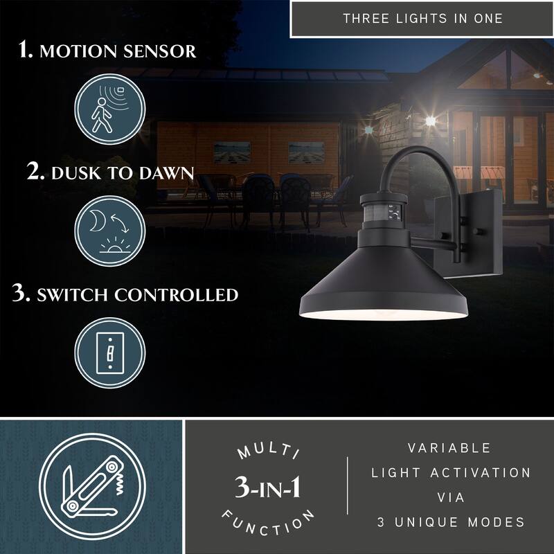 VAXCEL Highland Park Matte Black and White Motion Sensor Dusk to Dawn Outdoor Wall Sconce Light Fixture, Steel Shade