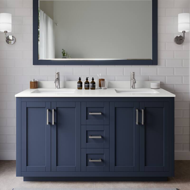 Wyndham Collection WCF292960D-QTZ-UNSM58 Miranda 60" Free Standing - Dark Blue / White Quartz Top / Brushed Nickel