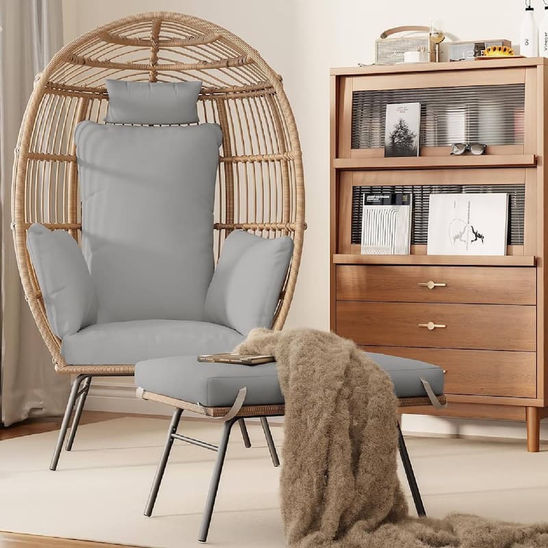 Rattan Wicker Egg Chair with Ottoman with Cushion for Balcony, Porch, Backyard - Grey