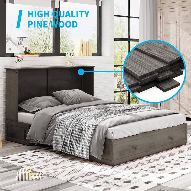 Mixoy Modern Murphy Bed with Mattress and USB Port,Storage Bed with Drawer