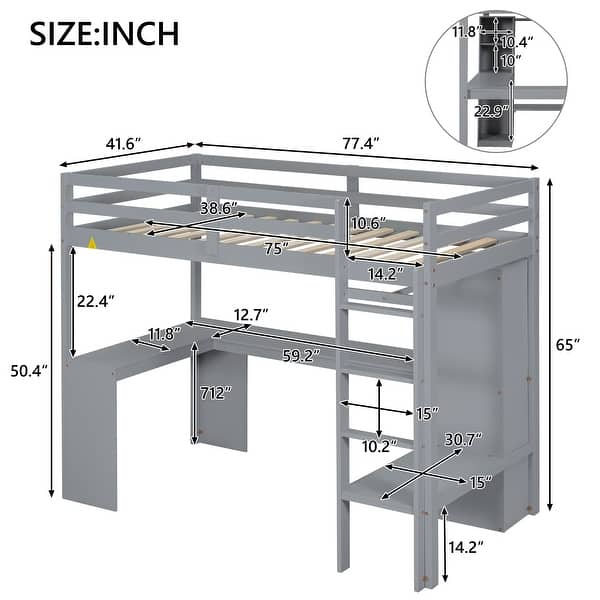 Twin Size Loft Bed wDesk,Storage Shelf,Wardrobe,Cabinet,Guardrail,Grey