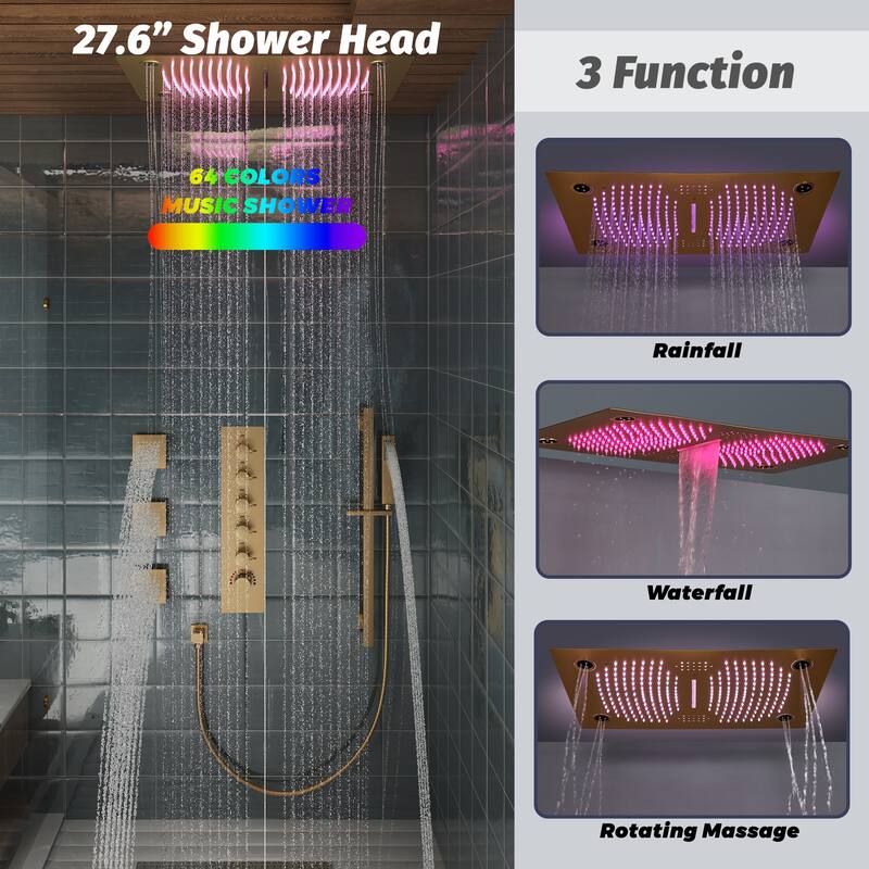 Luxury 5-Spray Patterns 28 in. Ceiling Mount Shower System with Handheld Shower Head, 3 Body Jets, LED, and Music - 16" x 28"