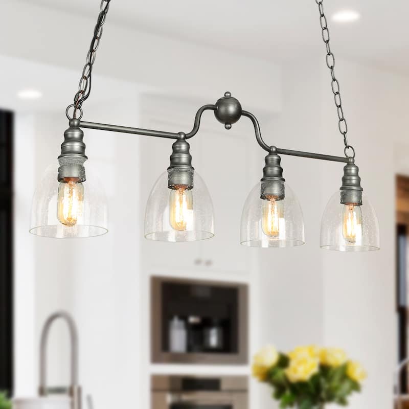 Silver Farmhouse Rustic Linear 4-Light Chandelier 32-inch Glass Dining Room Kitchen Island Pendant Lights - L32"x W 5"x H 12"