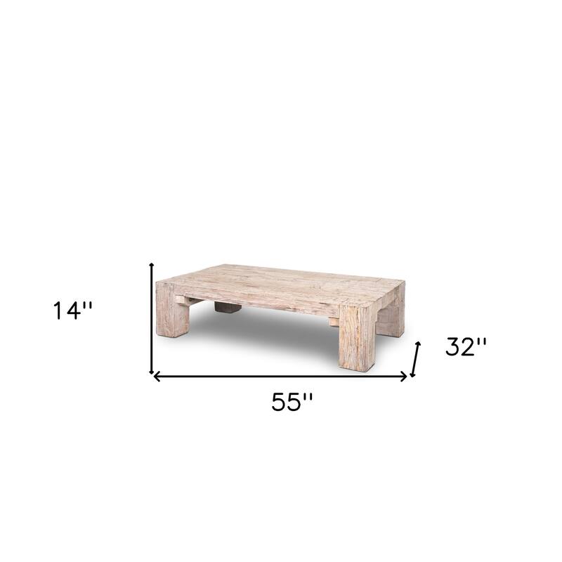 HomeRoots 55" Natural and Off White Reclaimed Wood Distressed Coffee Table - 55' X '14' X '32