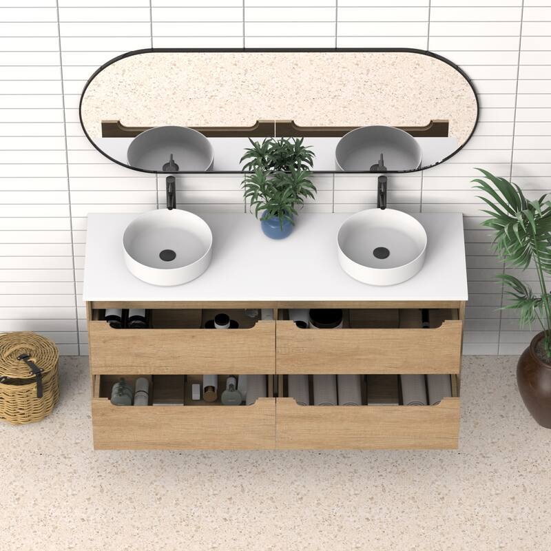 60" Solid Wood Bathroom Vanity with White Quartz Countertop Ceramic Vessel Sink
