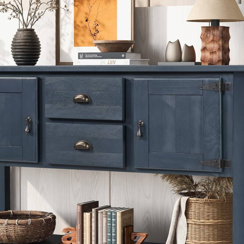Retro 48 Inch Solid Wood Console Sideboard - 2 Drawers & Cabinets, Navy Blue