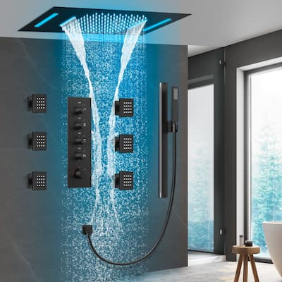 64 LED Thermostatic Shower Faucet 22"x15" Rainfall & Waterfall Shower System 5 Way Digital Display Valve w/ 6 Body Jets