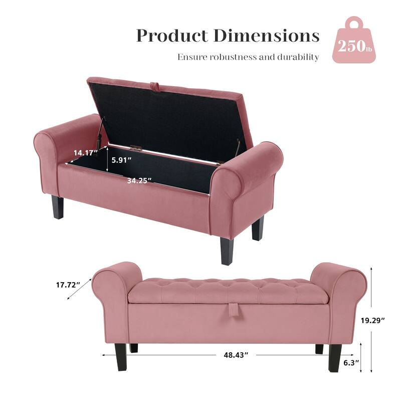 Velvet Storage Bench With Rubber Wood Legs for Bedroom