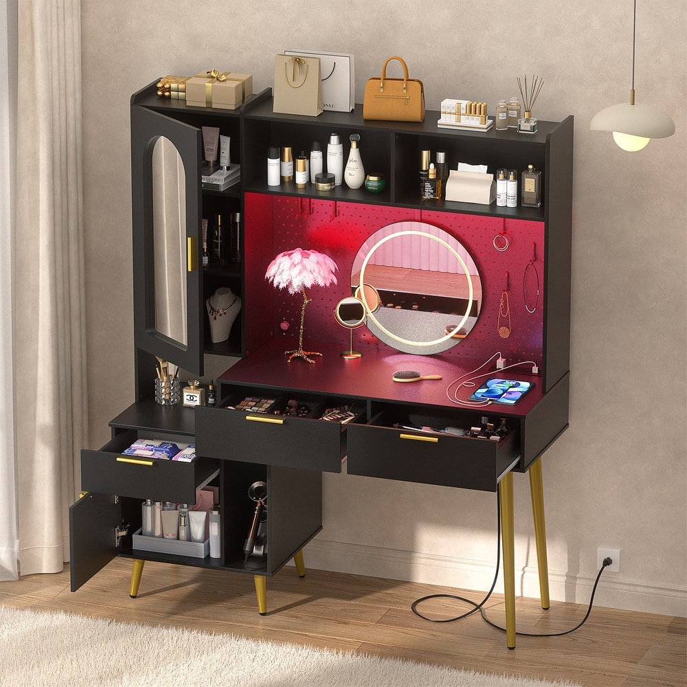 Makeup Vanity with Pegboard and Hutch, Bedroom Vanity Table with Charge Station and LED Light