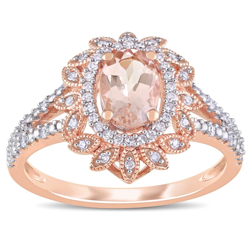 Miadora 10k Rose Gold Morganite and 1/5ct TDW Diamond Floral Halo Split Shank Ring