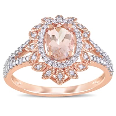 Miadora 10k Rose Gold Morganite and 1/5ct TDW Diamond Floral Halo Split Shank Ring