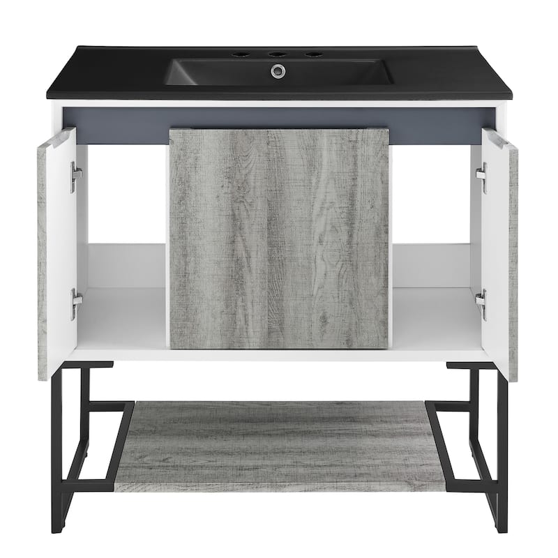 Marseille 36 In. Gray Bathroom Vanity With Black, 3-Hole Ceramic Sink Top