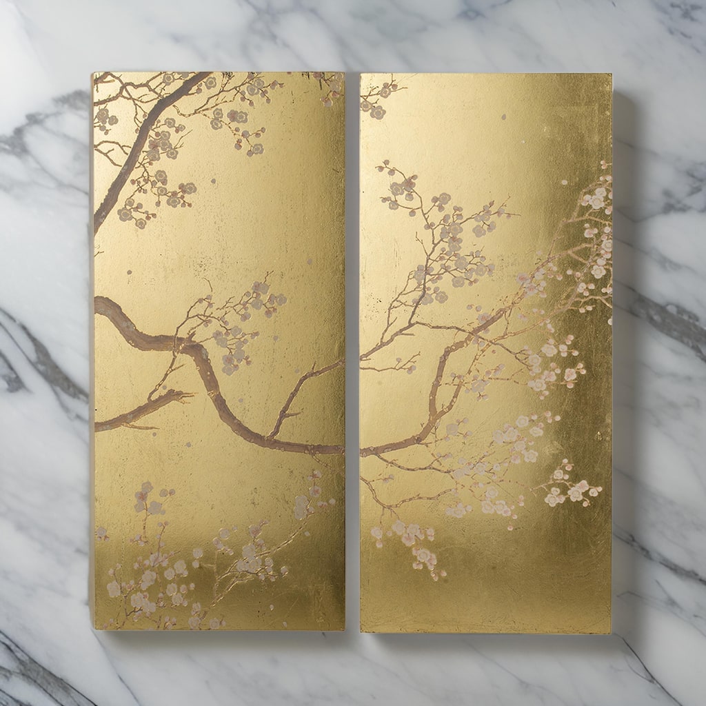 Tim 47 Inch Tall Wall Art Set of 2, Divided Floral Design, Gold, Brown