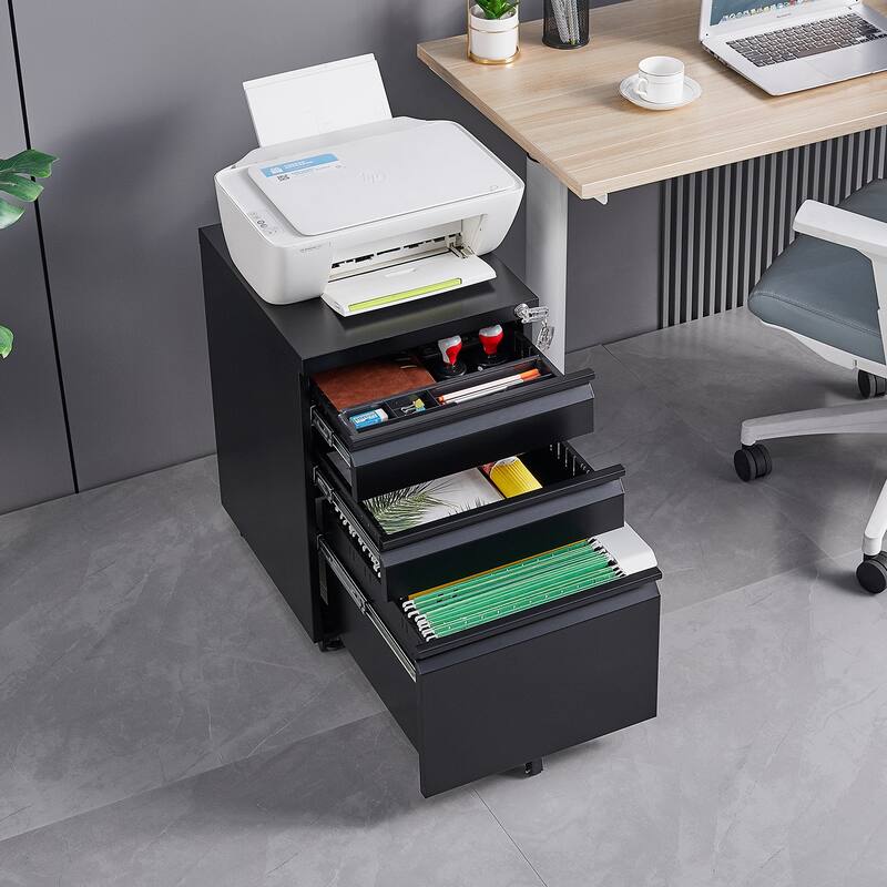 Modern 3-Drawer Mobile Filing Cabinet with Lock, Stationery Drawers and Removable Hanging Rods, for Home Office