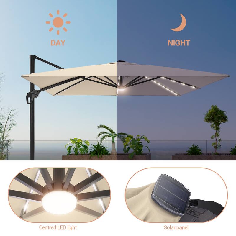 LIVOOSUN Patio10x10FT LED Aluminum Cantilever Umbrella Solution-Dyed Fabric w/Base