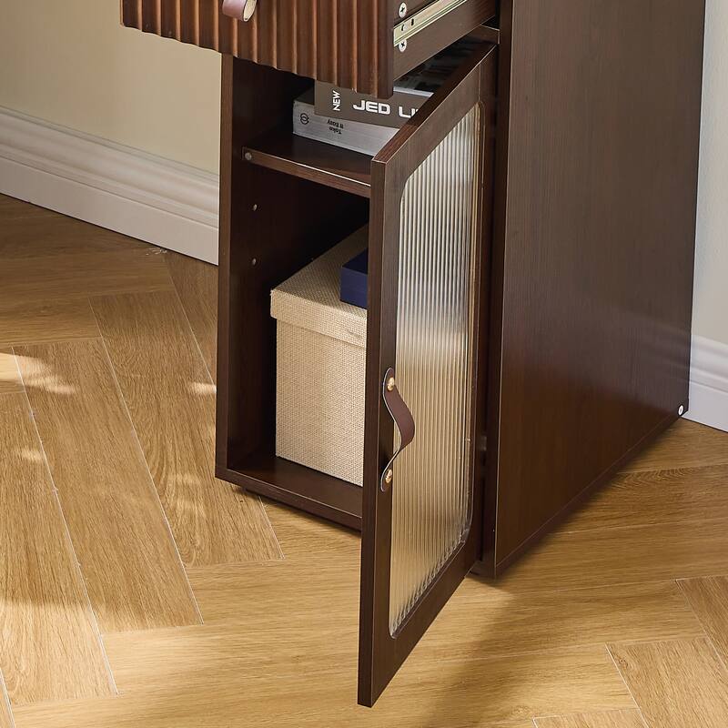 Mid-Century Modern Makeup Vanity Desk Set Includes Dressing Table & Stool, Sliding Makeup Mirror with 3-Color LED Light, Walnut