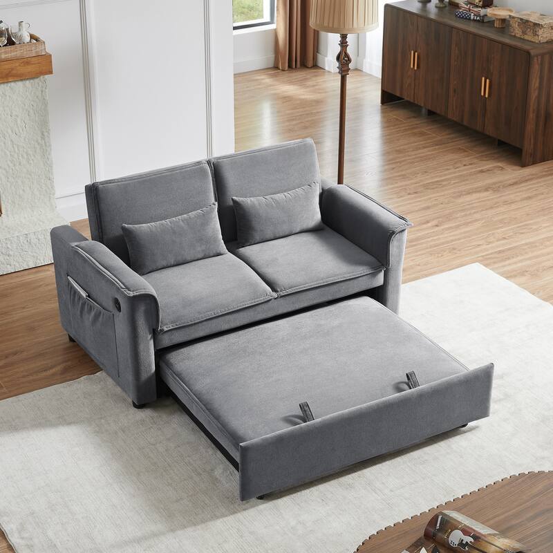 55" Fabric Sofa Bed with Sleeper, Adjustable Backrest & 2 Lumbar Pillows