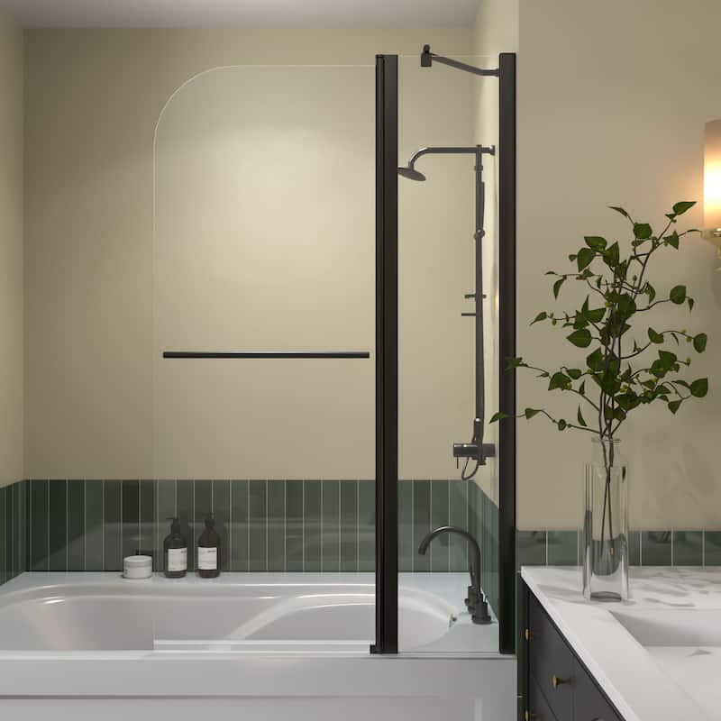58''H Bathtub 6mm Tempered Glass Frameless Shower Door, Fixed Glass Half Panel in Black