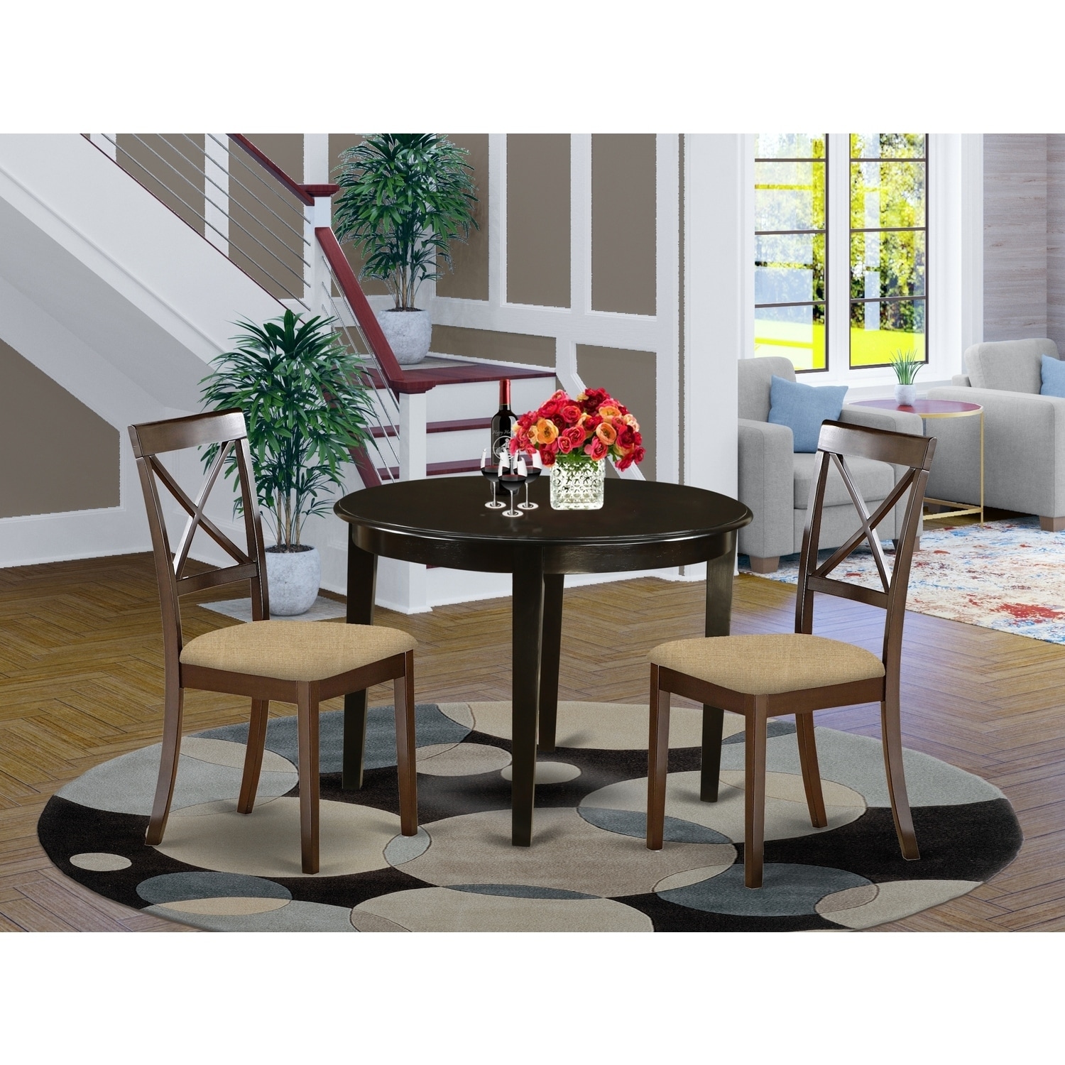 Small Dining Set - 3 Piece Kitchen Table & Chairs - Linen Upholstered - Compact Design - Cappuccino