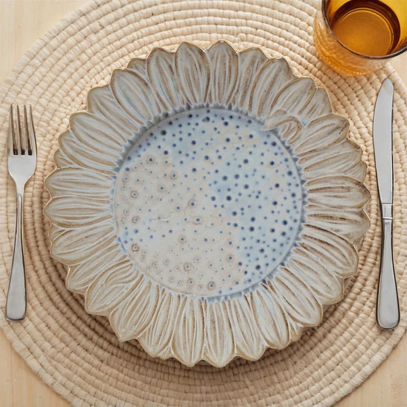 Flower-Shaped Stoneware Plate in Reactive Glaze - 7.88"L x 7.88"W x 1.25"H - White; Blue