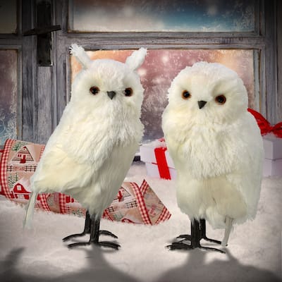 14" Feather White Owl Set of 2