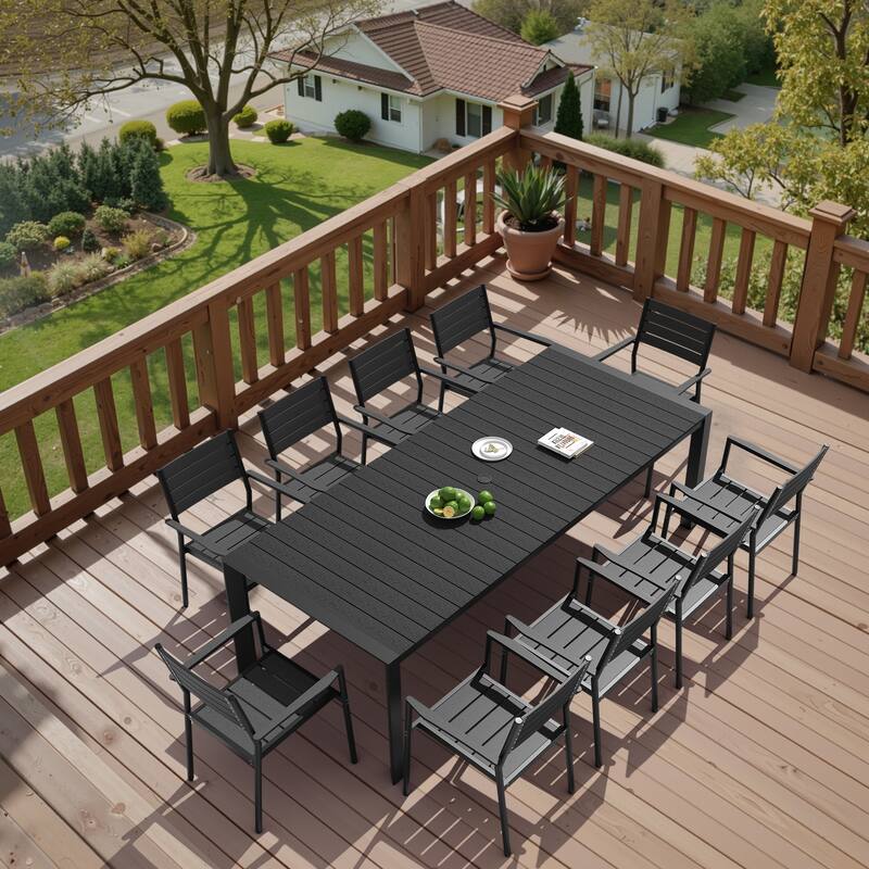 11-Piece Outdoor Patio Dining Set Wood Like Table Top Aluminum Rectangular Umbrella Hole Table with Stackable Armrest Chairs