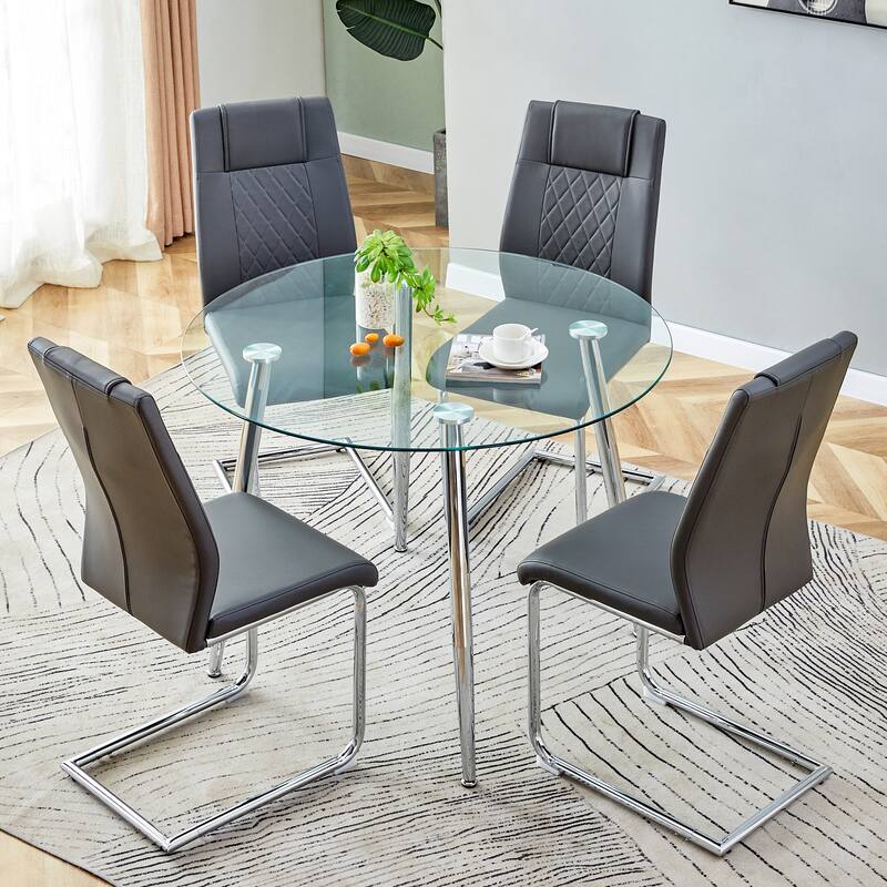 Modern 5-Piece Dining Set with Round Glass Top & 4 PU Upholstered Chairs