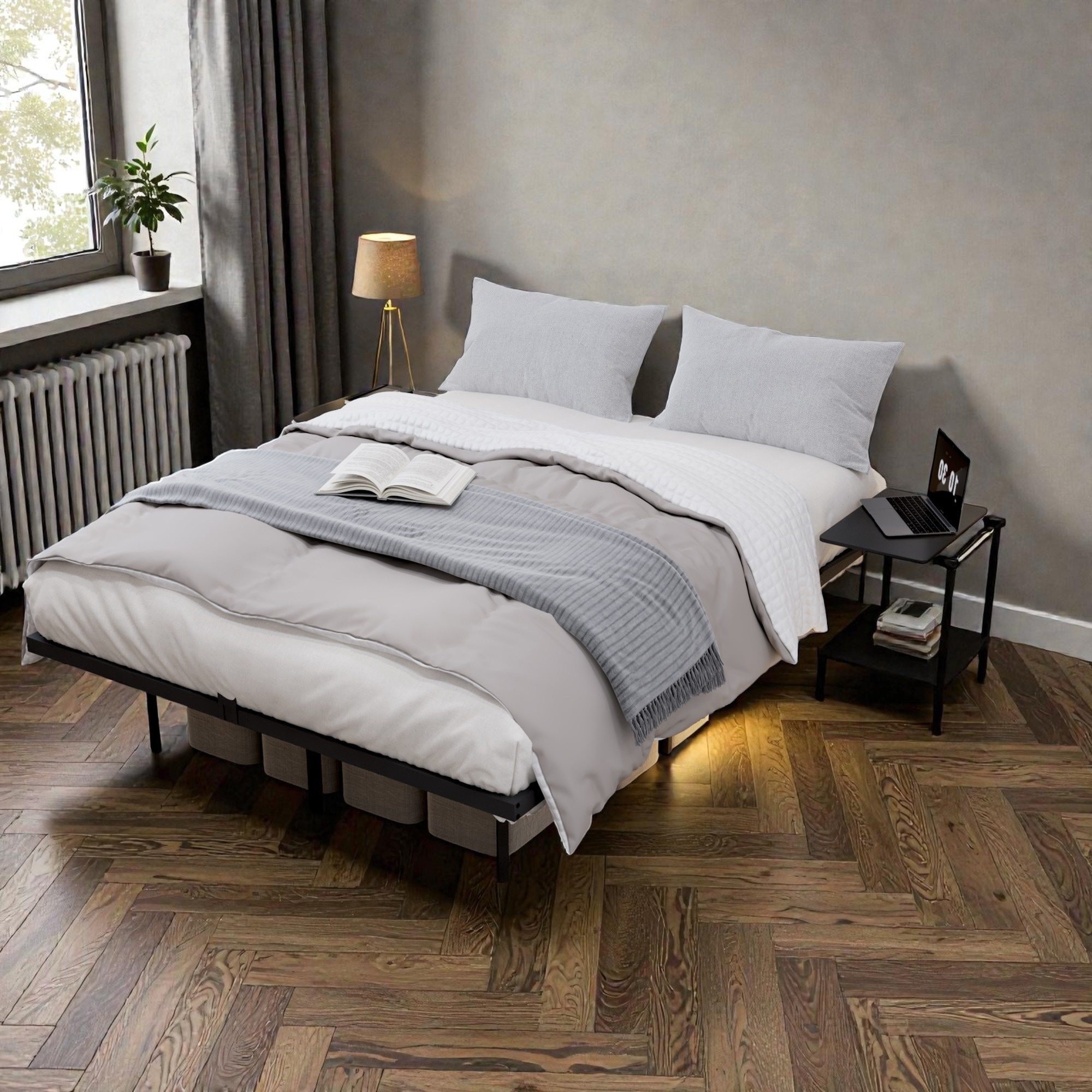 Metal Bed Frame with Built-In Bedside Shelves, Reinforced Steel Slats and Underbed Storage Platform for Bedroom