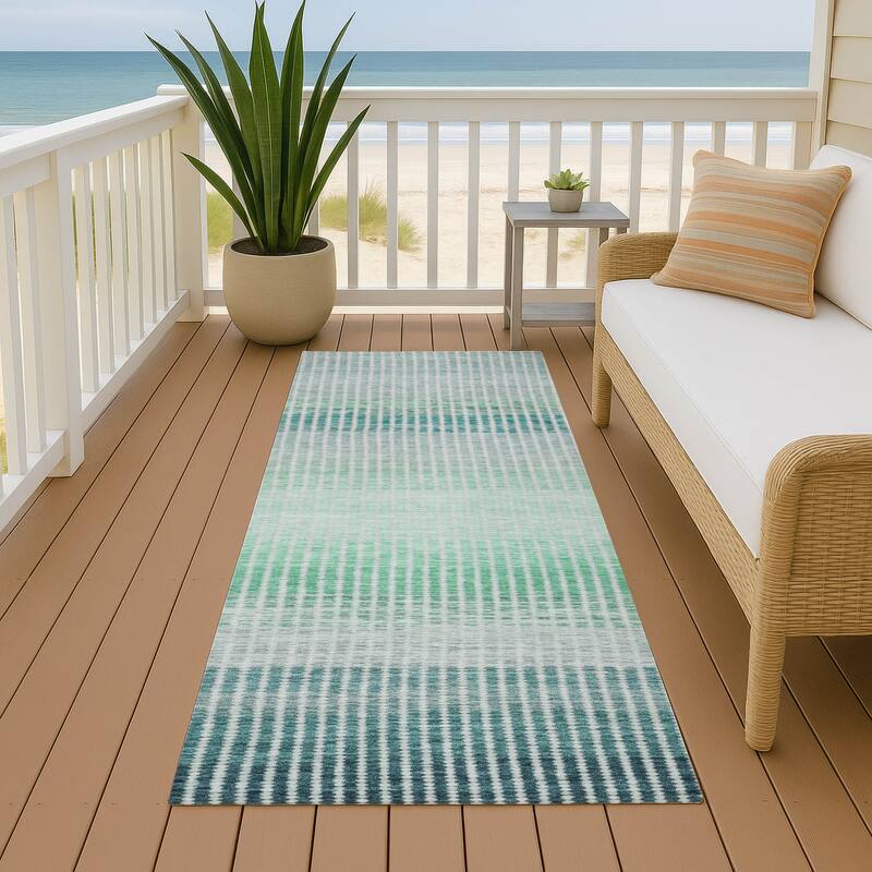 Machine Washable Indoor/ Outdoor Contemporary Stripes Chantille Rug - Turquoise - 2'3" x 7'6"