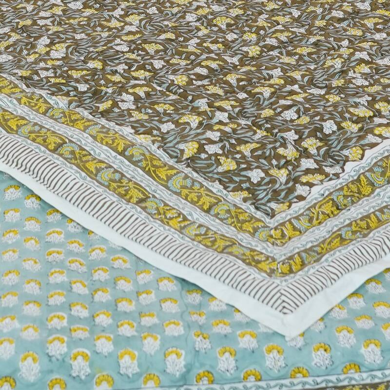 Fabdivine Hand Block Print Green Yellow Floral Organic Reversible Cotton Quilt - Natural Boho Decorative Bedding for Home Deco - 68" X 86" - Green, Yellow