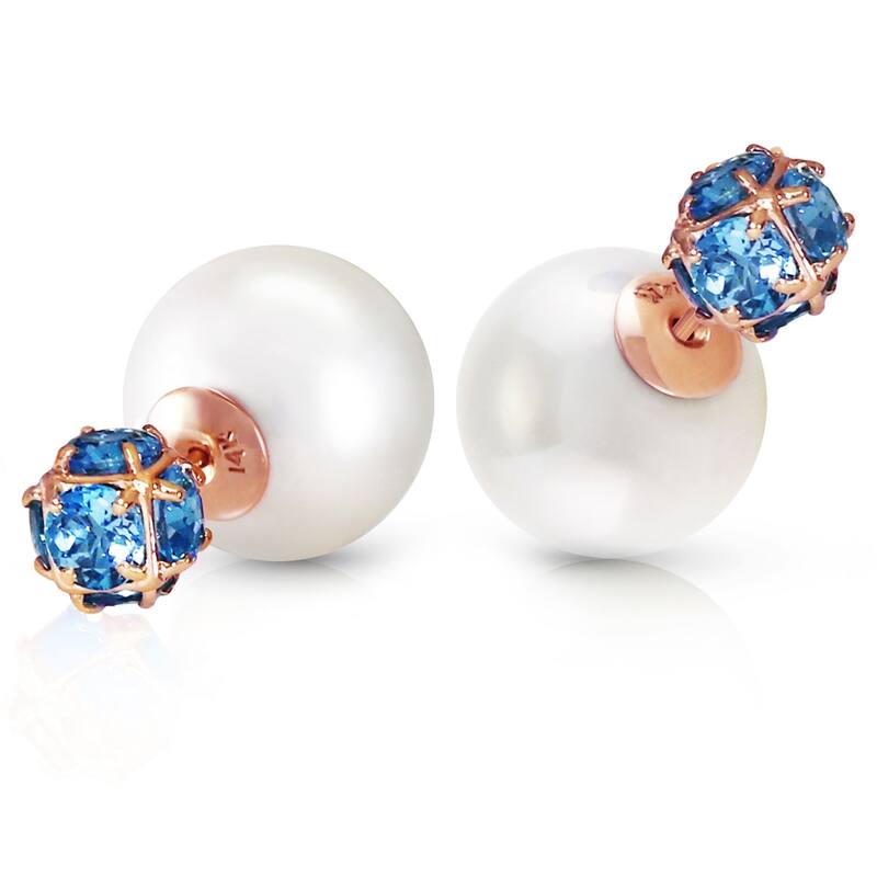 14K Solid Gold Tribal Double Shell Pearls And Blue Topaz Stud Earrings - Rose