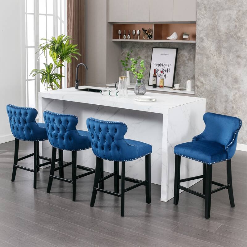 Velvet Upholstered Wing-Back Barstools Set of 4