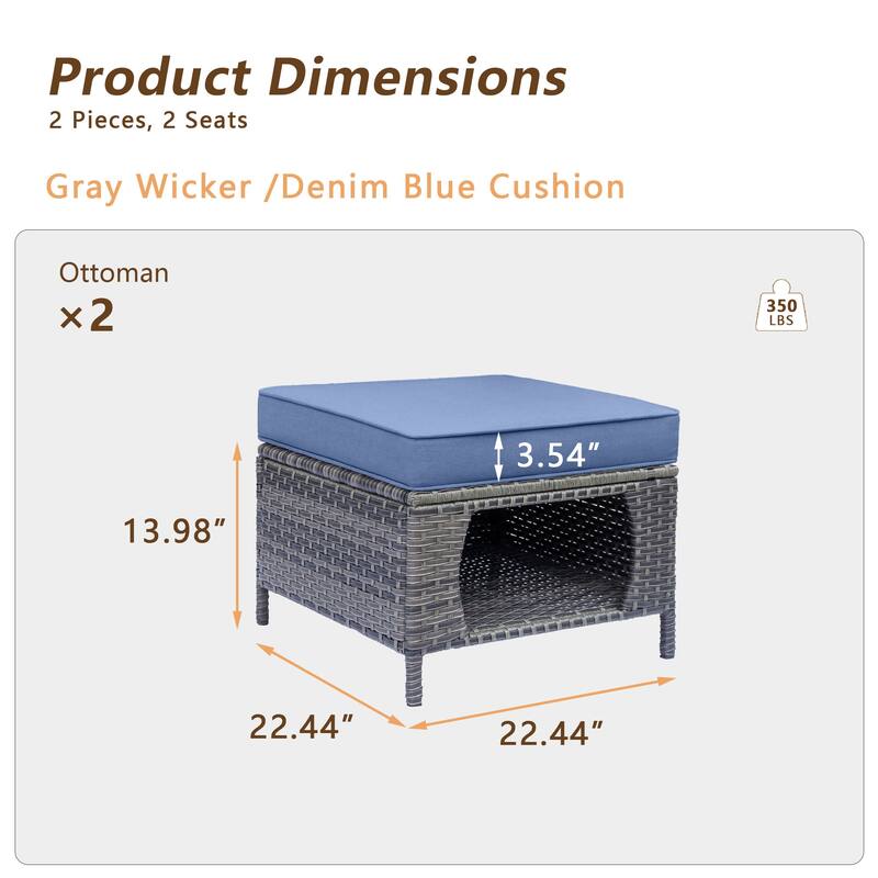 2 Pieces Outdoor Patio Furniture Rattan Storage Ottoman with Cushion