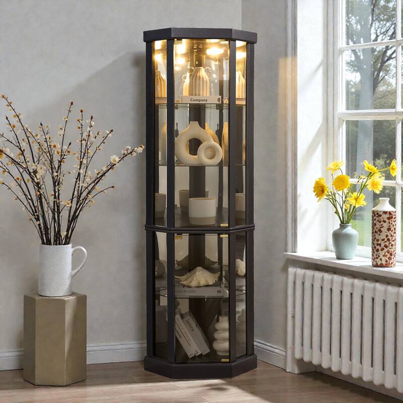 Lighted Corner Curio Cabinet with Glass Doors, Elegant Display Case for Living Room Bar and Wine Storage