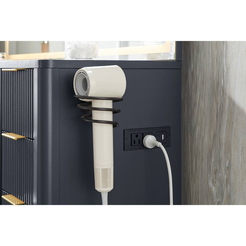 Modern Fluted Makeup Vanity Desk with Mirror, Lights, Charging Station