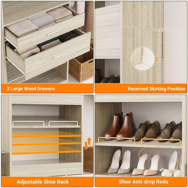 25'' W Freestanding Closet System with 2 Wooden Drawers and Adjustable Shoes Rack and Hanging Rod,Walk-in Closet Organizer