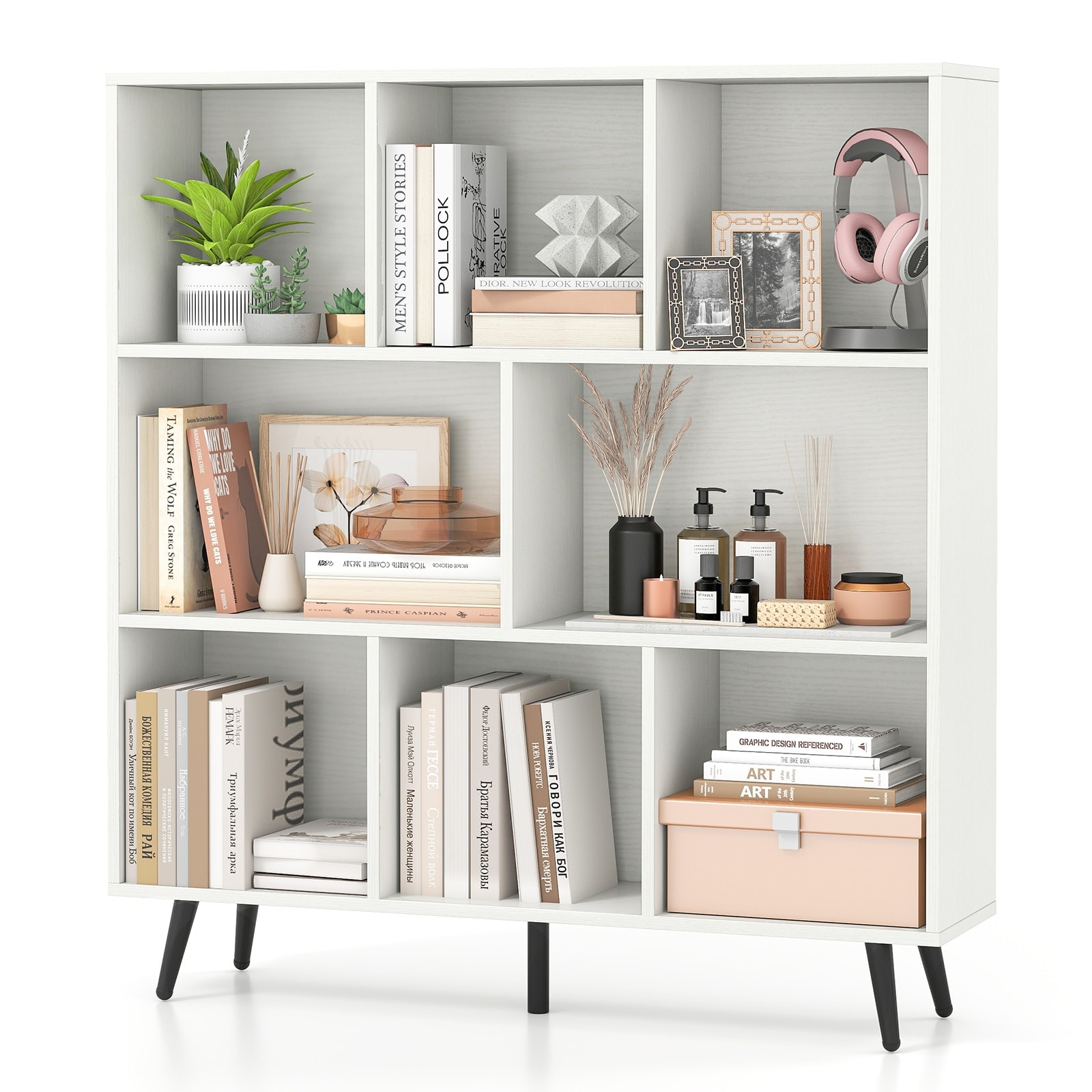 Gymax 8 Cube Bookcase 3-Tier Modern Storage Organizer w/ 5 Metal Legs