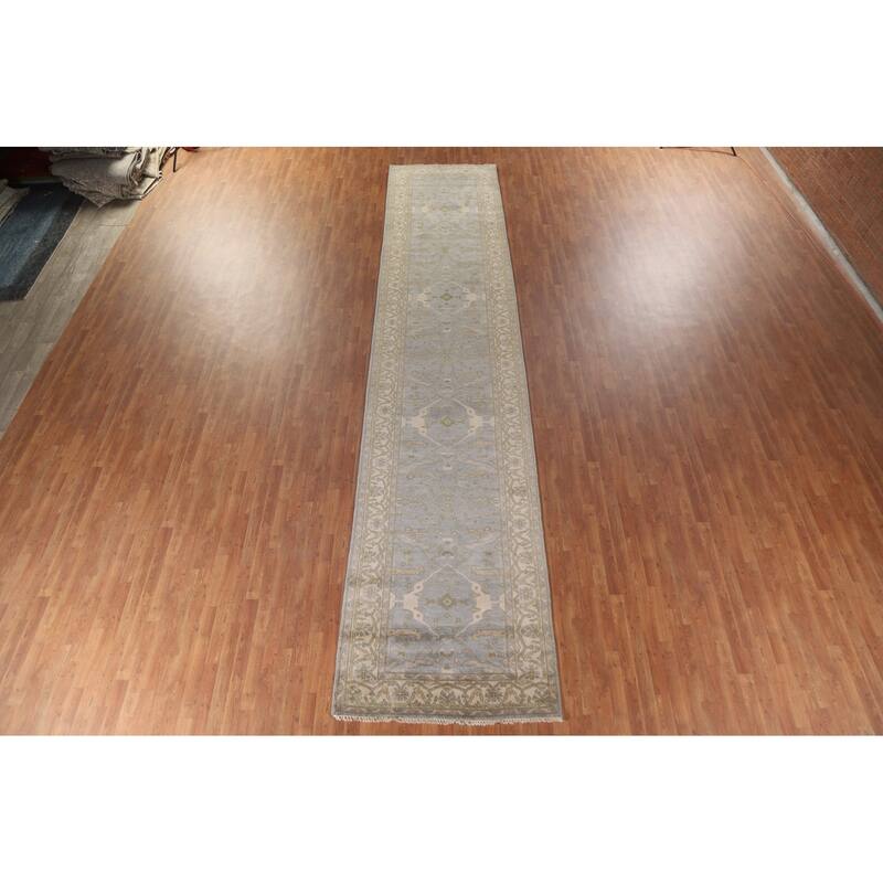 Blue All-Over Oushak Oriental Runner Rug Handmade Wool Carpet - 4'1" x 19'3"
