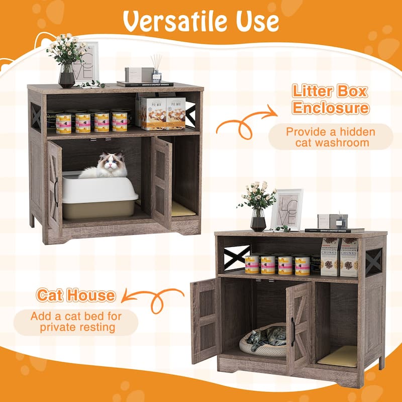 Gymax Cat Litter Box Enclosure w/ Storage Double Doors Sisal