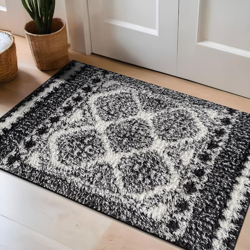 Geometric Shag Rug - Anthracite Dark Gray - Durable Rug for Living Room, Bedroom, or Entryway - Easy to Maintain - White - 2' x 3'