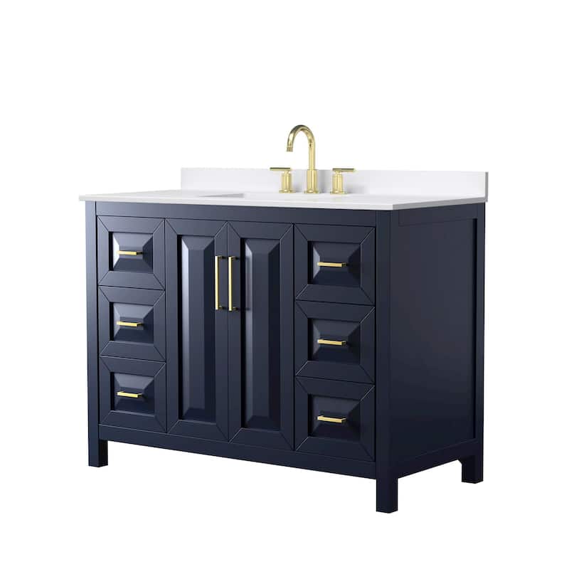 Daria 48-inch Single Vanity, 3 Hole Quartz Top - Dark Blue, Gold Trim, White Quartz Top
