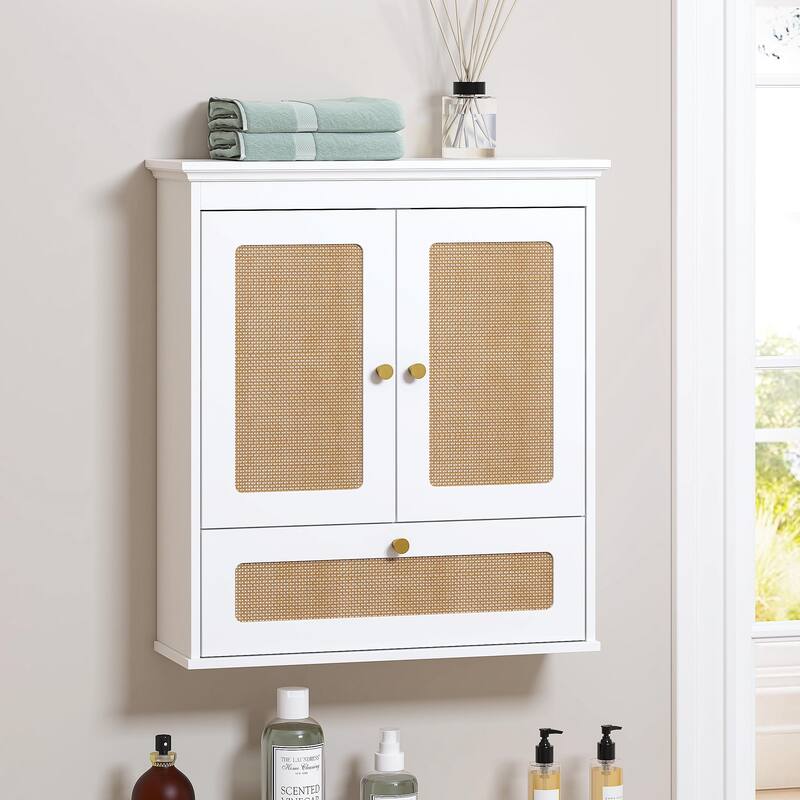 COSTARS Space-Saving Over-the-Toilet Wall Cabinet, Modern Rattan Bathroom Storage with Adjustable Shelf