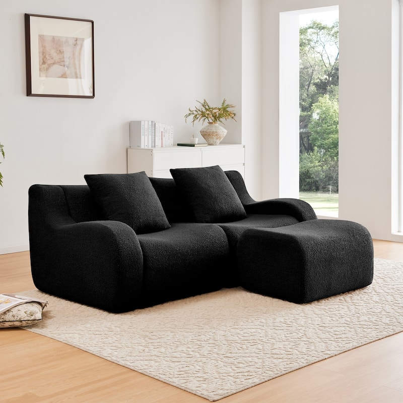 L-Shaped Teddy Fabric 2-Seat Boneless Sofa, No Assembly Required Curved Armrest, Streamlined Design Ergonomic Design - Black