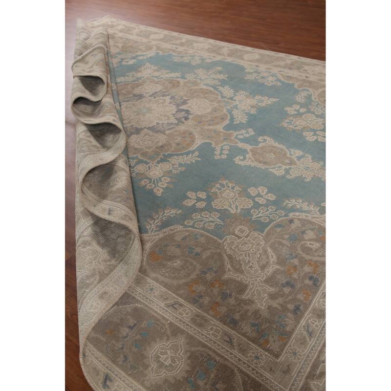 Hand Knotted Oriental 100% Wool Carpet Traditional Floral Navy Blue & Blues Tabriz Area Rug - 13' 0'' X 9' 8''