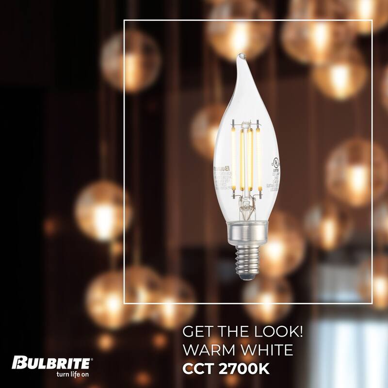 Bulbrite Pack of (4) Dimmable Clear Filament CA10 Candelabra (E12) LED Bulb