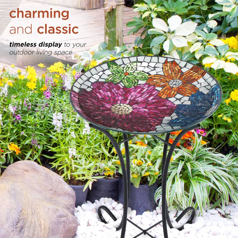 Alpine Corporation 24" Tall Outdoor Glass Birdbath Bowl with Metal Stand